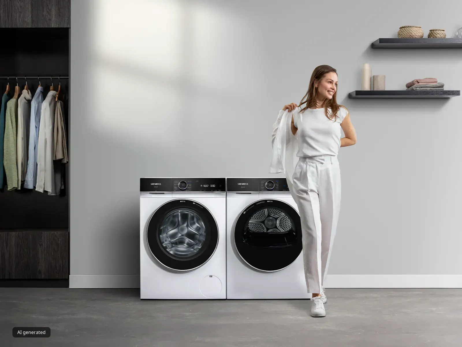 A woman in a stylish white outfit stands beside a modern washer and dryer.