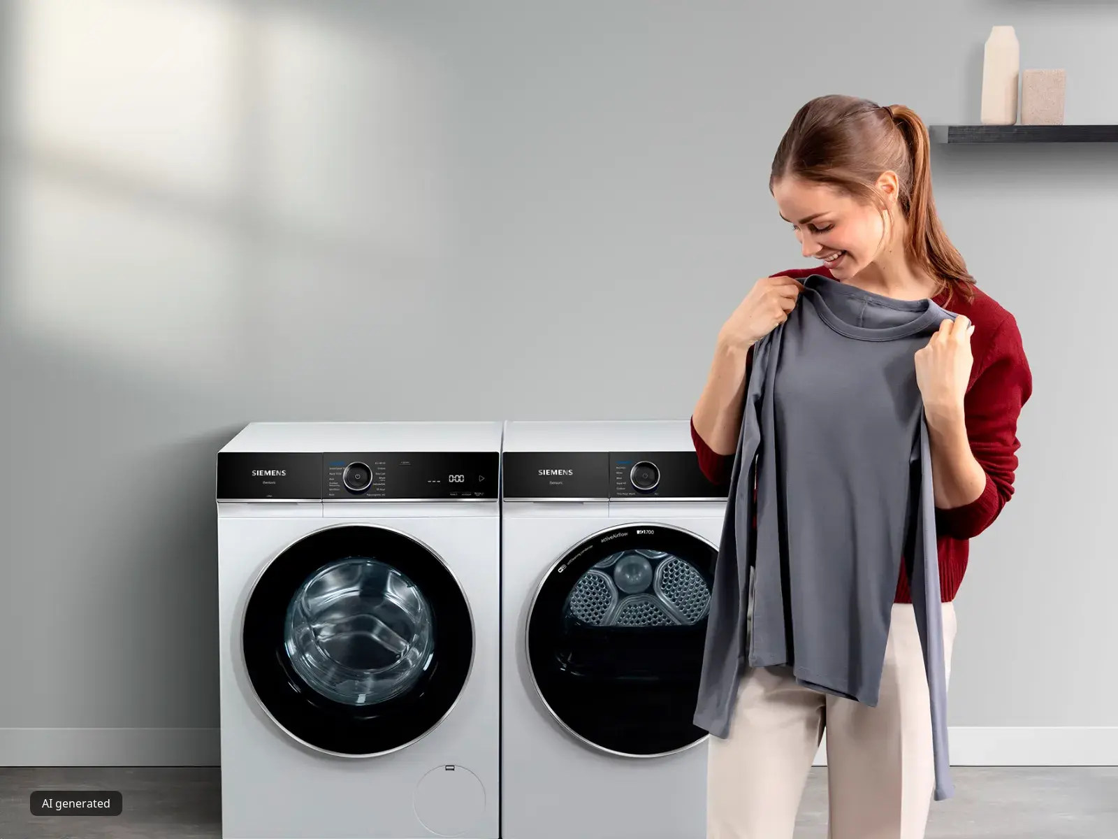 A person holds a gray shirt in front of modern washing and drying machines.
