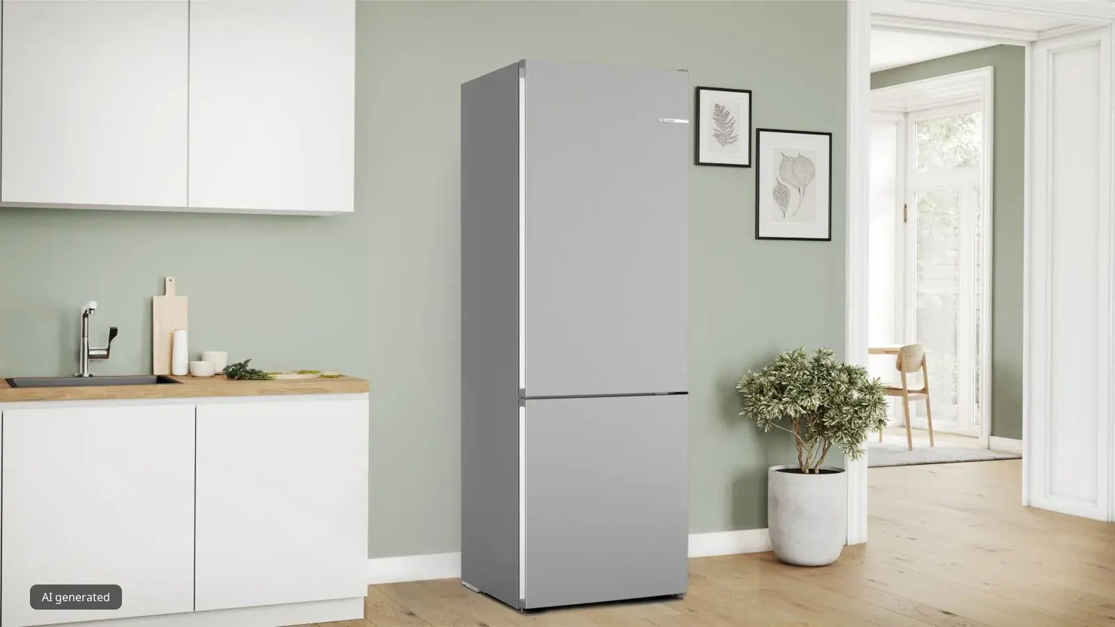 A silver Bosch fridge-freezer with its top door open, revealing a fully stocked interior with fresh produce, drinks, and various food items, in a bright kitchen.