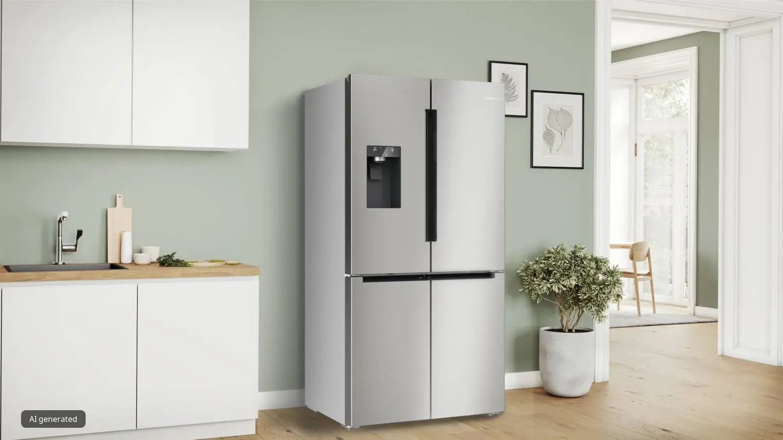 A modern kitchen with a stainless steel Bosch fridge-freezer, an integrated Bosch dishwasher, white cabinets, and light wooden countertops, decorated with a clock and plants.
