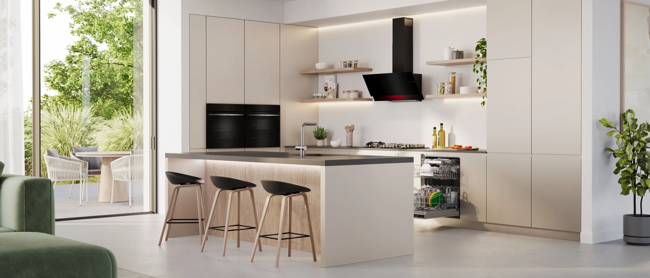 Modern open-plan kitchen featuring Bosch built-in appliances, a kitchen island with seating, and a fully integrated dishwasher in a bright contemporary home.