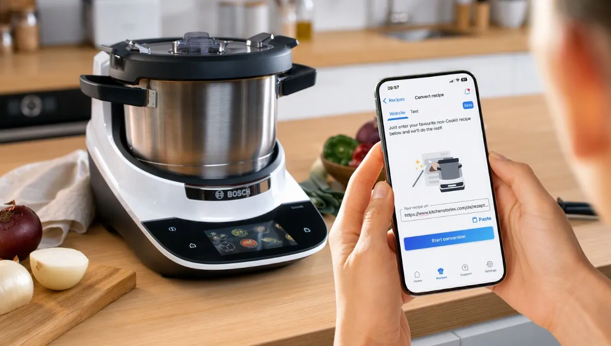 Persoană care ține un smartphone cu aplicația Home Connect lângă un aparat de gătit Bosch, pe blatul din bucătărie.