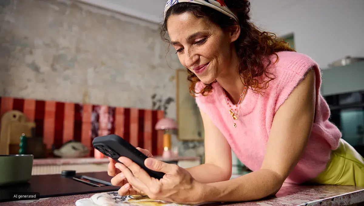 Donna con un maglione rosa smanicato appoggiata al bancone della cucina, che sorride guardando lo smartphone.