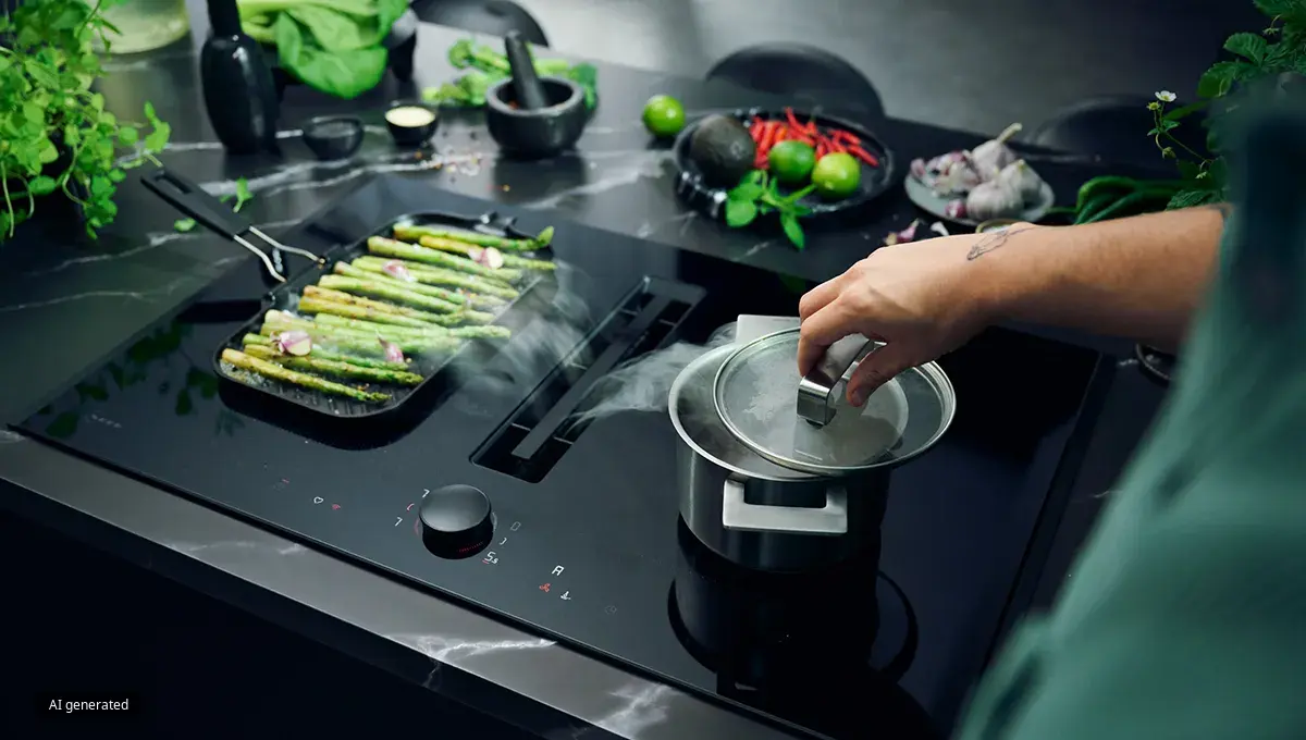 Während eine Hand den Deckel eines Topfes anhebt, wird der daraus austretende Dampf und der auf einer Grillplatte kochende Spargel in den Lüftungsschlitz in der Mitte des Kochfelds gesaugt.