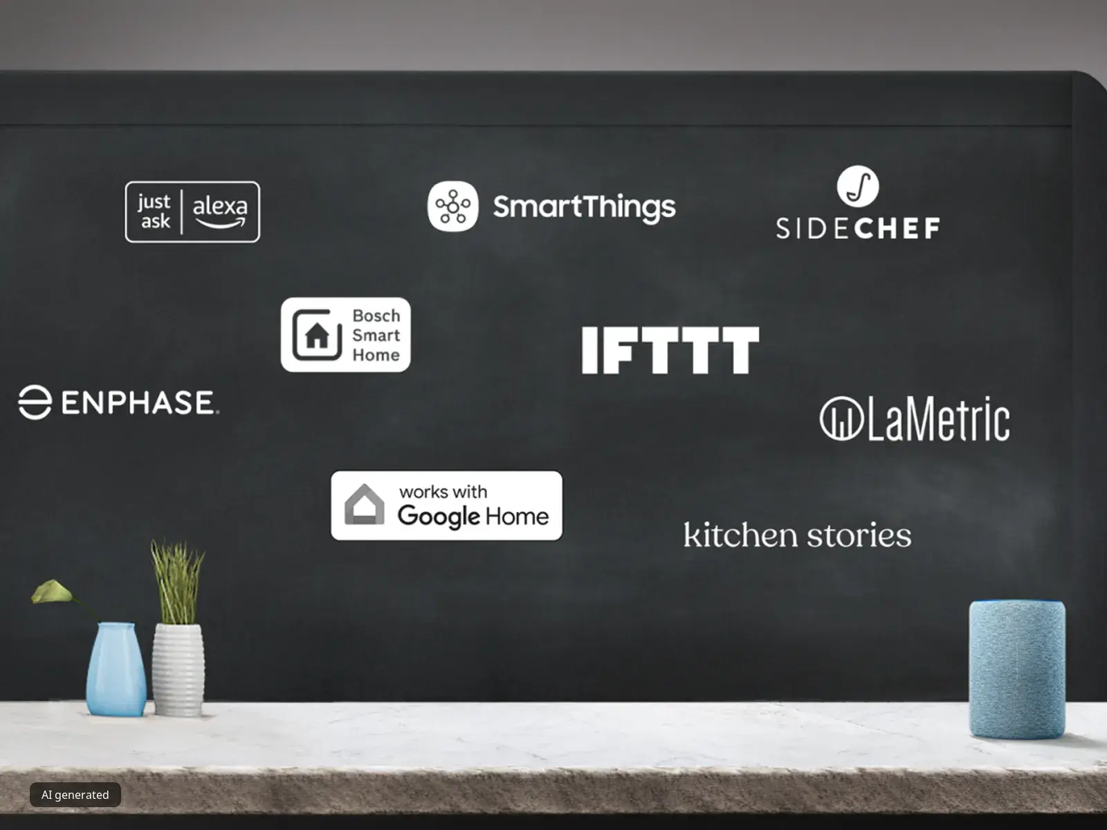Die Abbildung zeigt die Logos verschiedener Partner aus der Smart-Home- und Küchenwelt, darunter Alexa, SmartThings, SideChef, IFTTT, Enphase, LaMetric und Kitchen Stories.