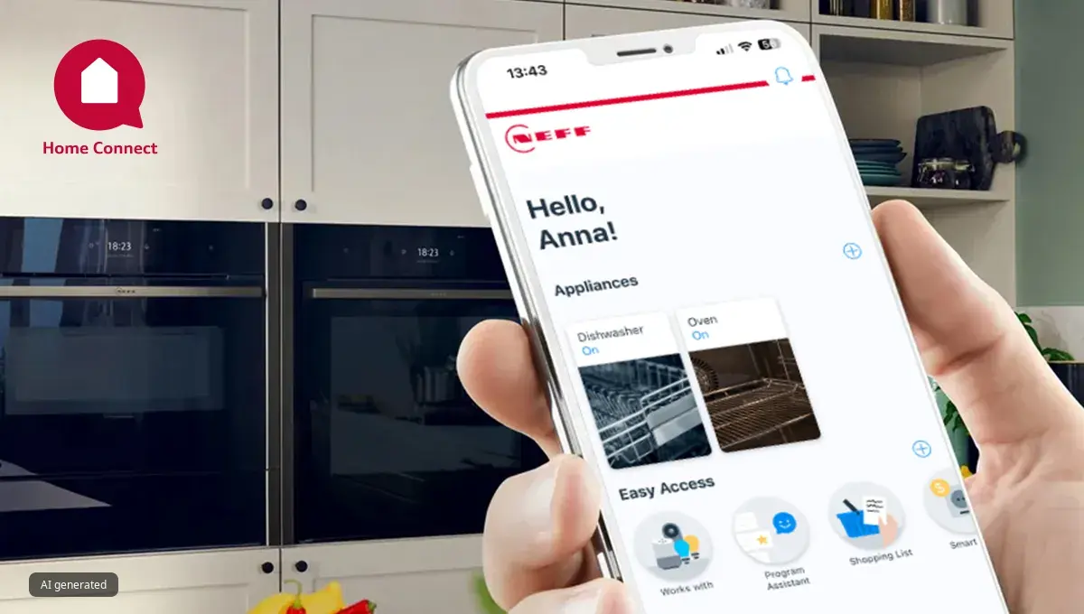 Smartphone, das die Steuerung von Smart-Home-Geräten in einer Küchenumgebung anzeigt.