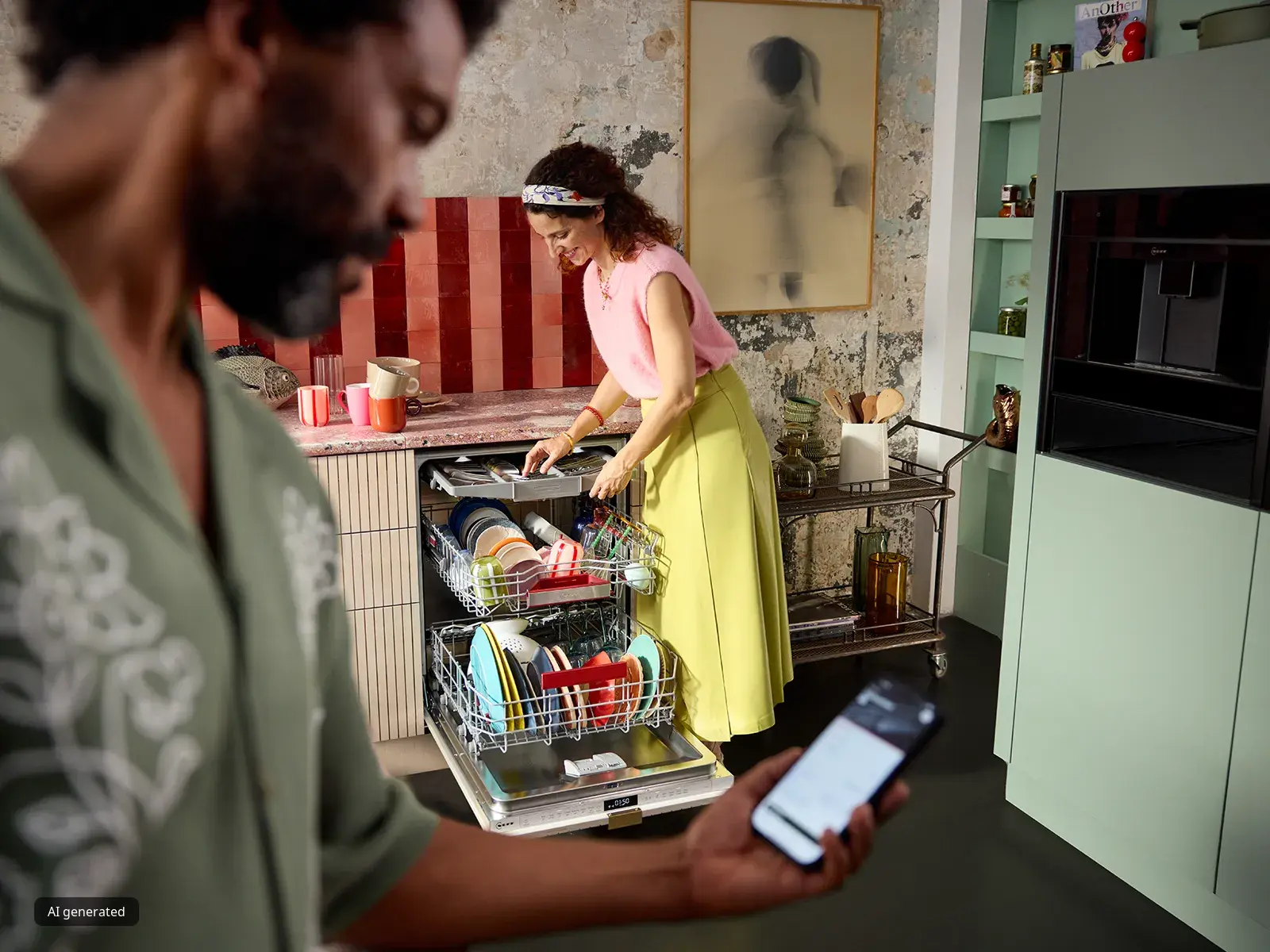 Ein Mann blickt im Vordergrund auf sein Smartphone, während eine Frau im Hintergrund die Spülmaschine in einer gemütlichen Küche mit roten Fliesen und grünen Schränken ausräumt.