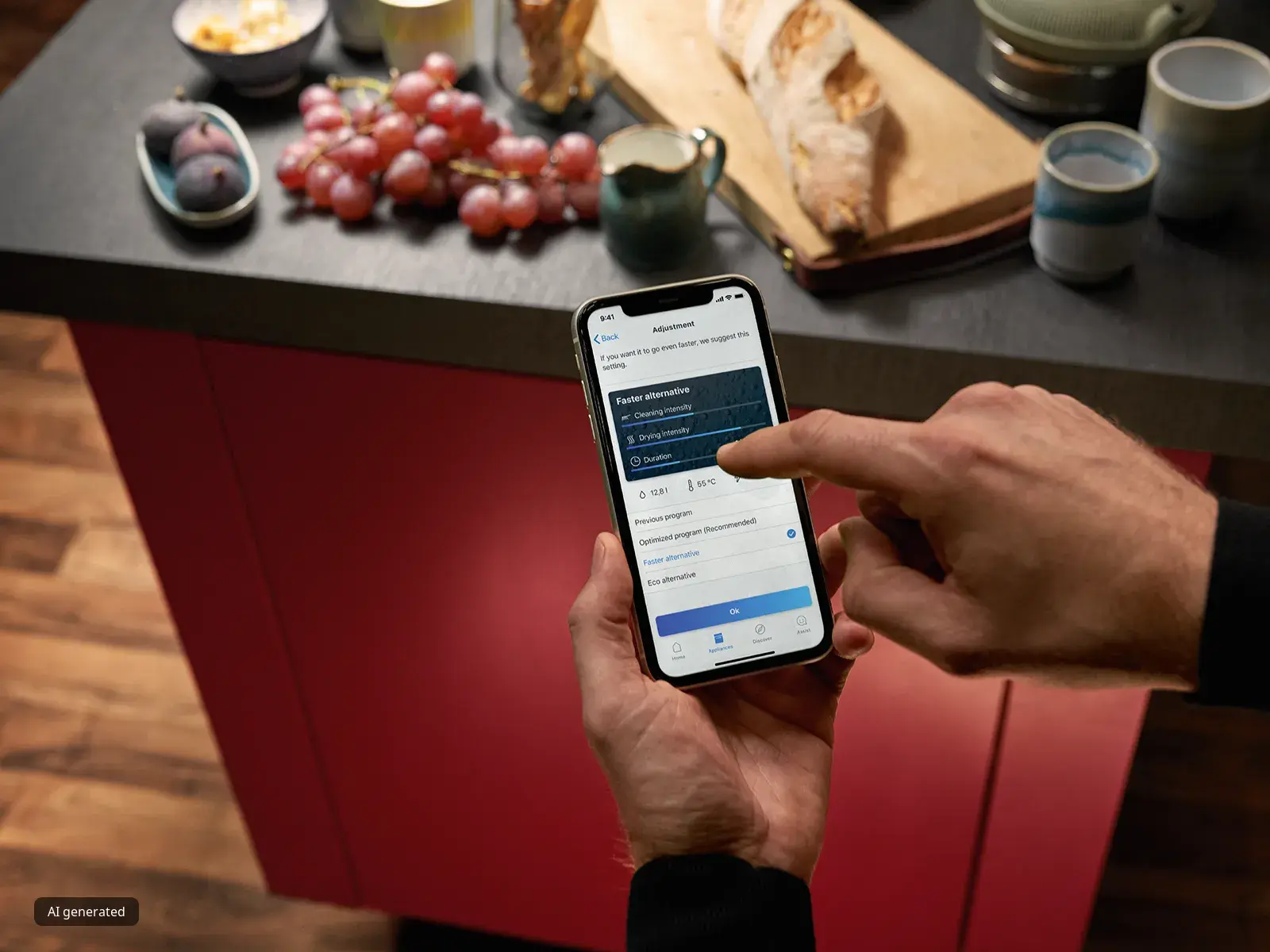 Eine Person stellt über ihr Smartphone ein Küchengerät ein, während auf der Arbeitsplatte frisches Brot, Weintrauben und Tassen bereitstehen.