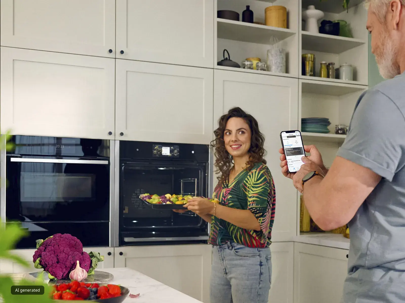 In einer hellen, modernen Küche bereitet ein Paar mithilfe der NEFF Home Connect App ein leckeres Essen zu.