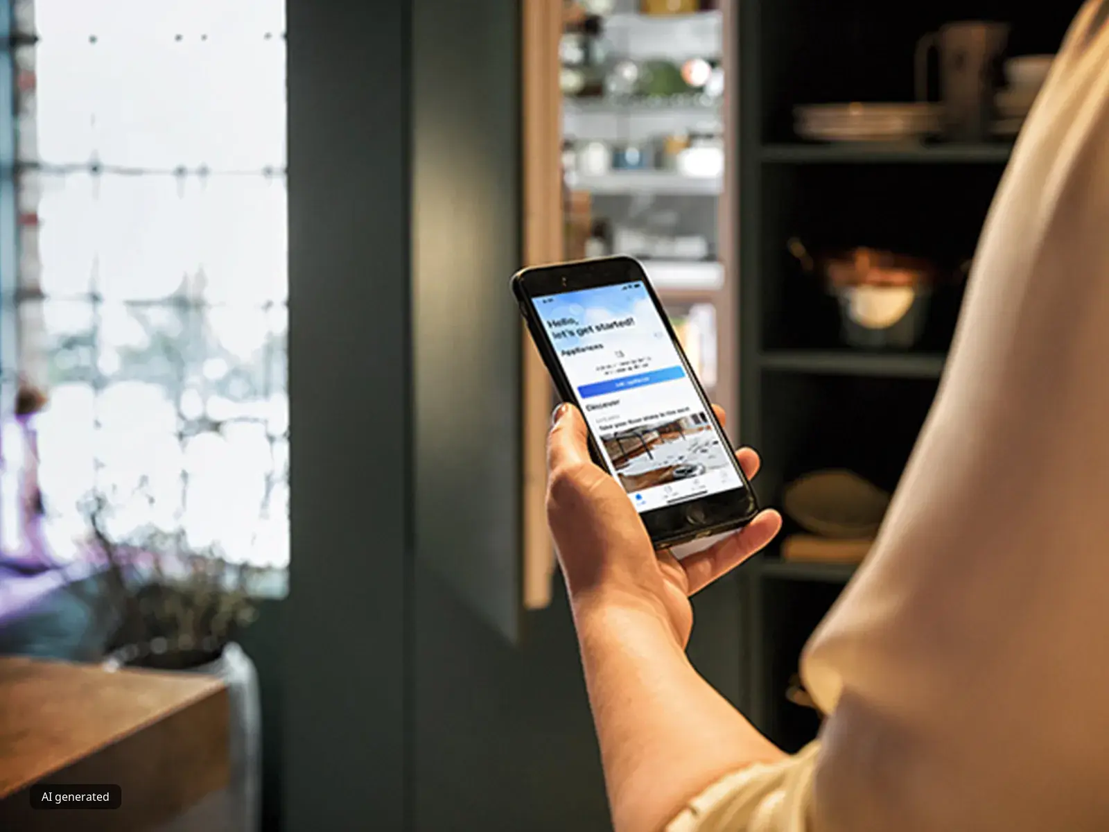 Eine Person hält ihr Smartphone mit einer geöffneten Website vor dem Hintergrund von gemütlichen Küchenregalen.