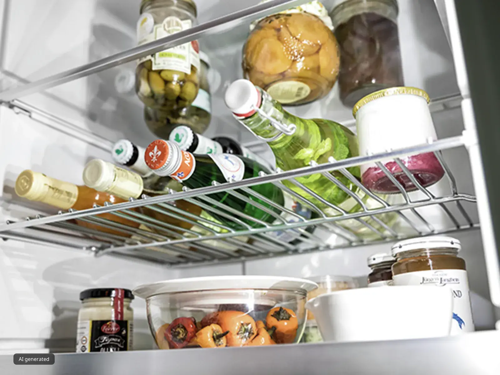 Ein Blick in den gut gefüllten Kühlschrank mit frischen Lebensmitteln, Saucen und Gläsern auf den Ablagen.