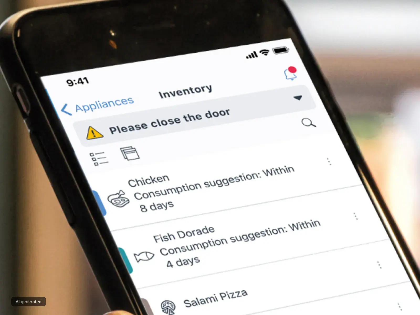 Ein Smartphone-Display zeigt den aktuellen Kühlschrank-Inhalt mit Verzehrempfehlungen für Hähnchen, Fisch und Pizza.