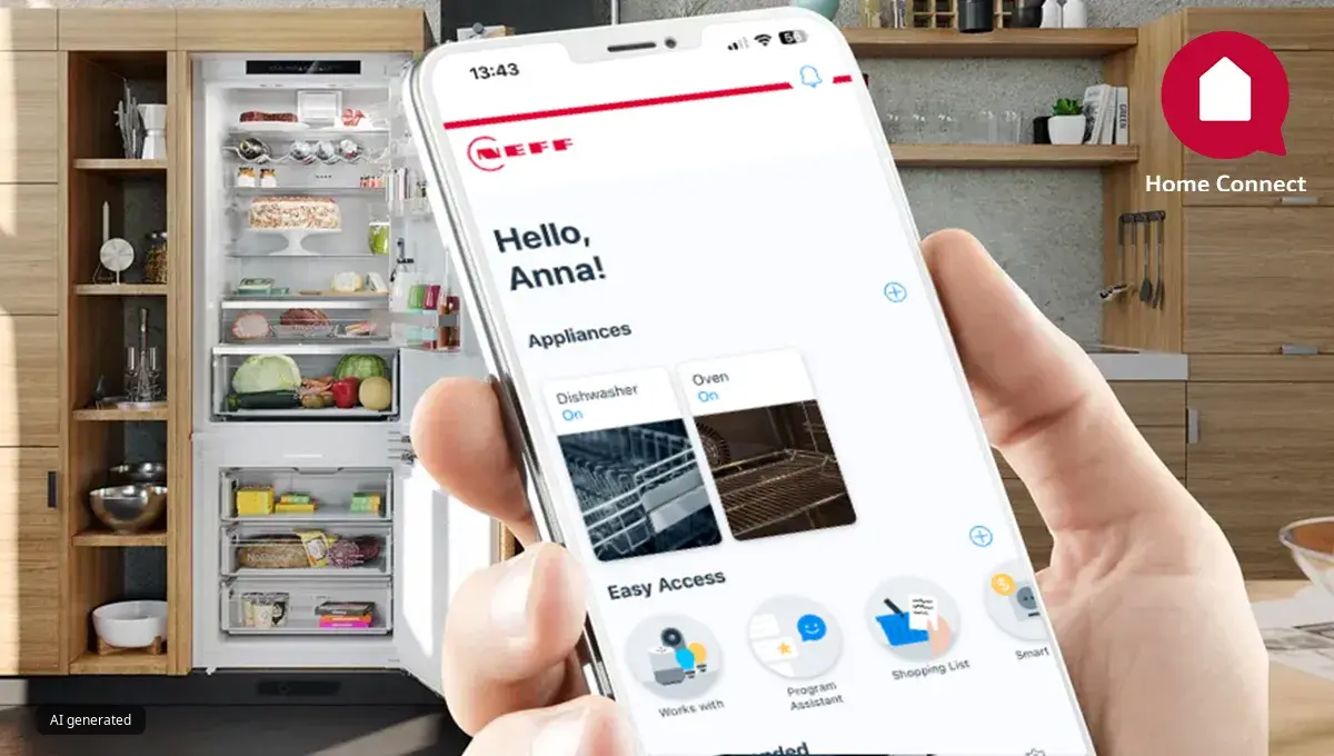 Eine Hand hält ein Smartphone mit der Home Connect App vor einen Einbaukühlschrank mit offener Tür, in dem viele Lebensmittel zu sehen sind.