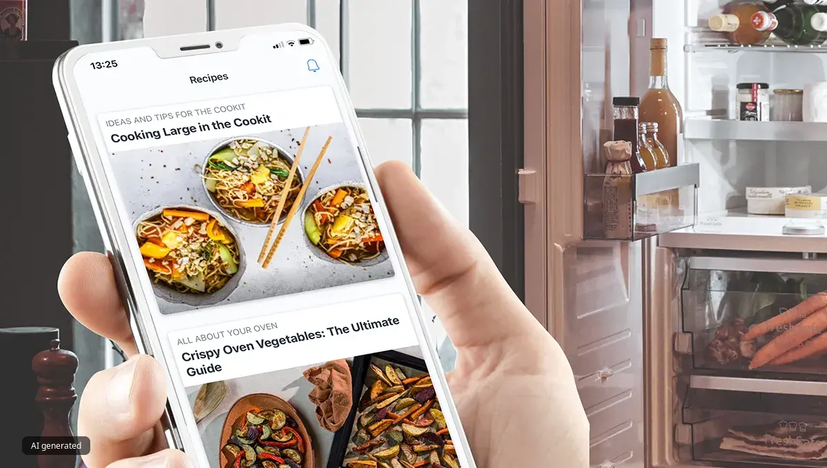 Hand hält Smartphone mit Rezepten, im Hintergrund ein offener Kühlschrank.
