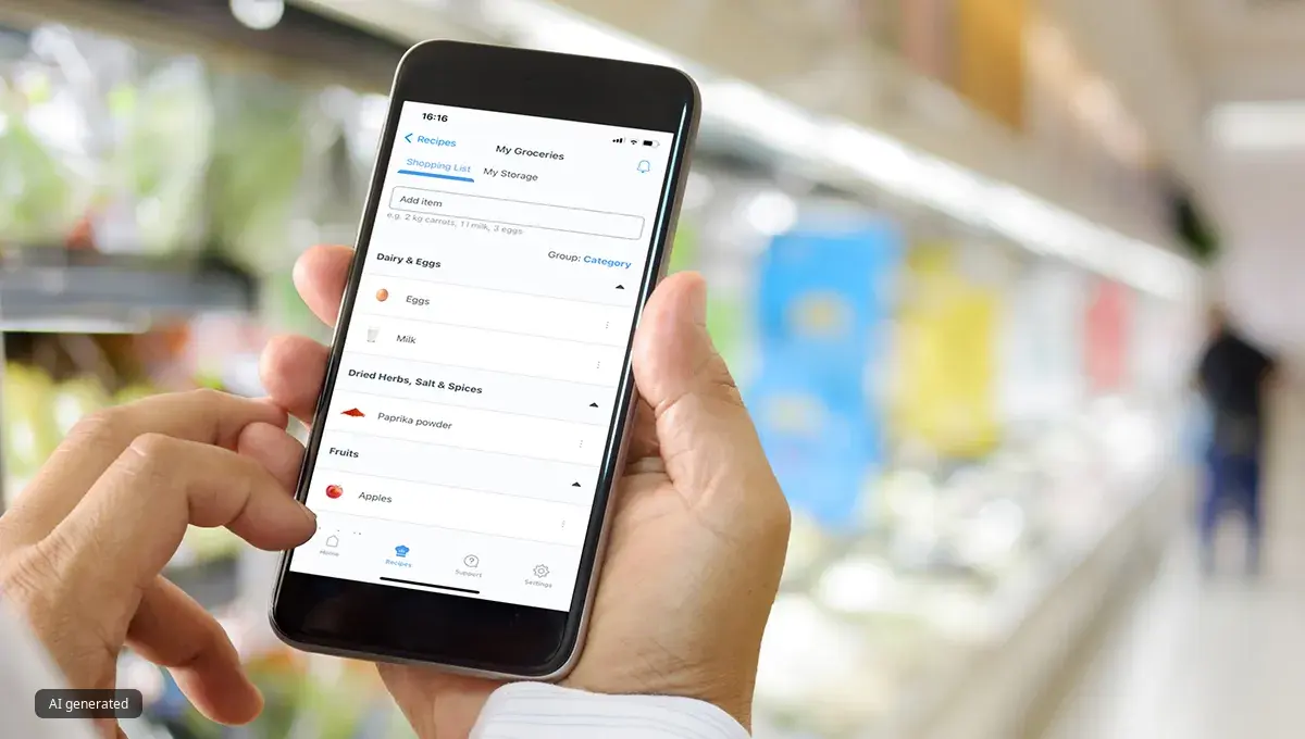 Zwei Hände halten ein Smartphone hoch, das die Home Connect App zeigt. Im Hintergrund ist die Kühlabteilung eines Supermarktes zu sehen.