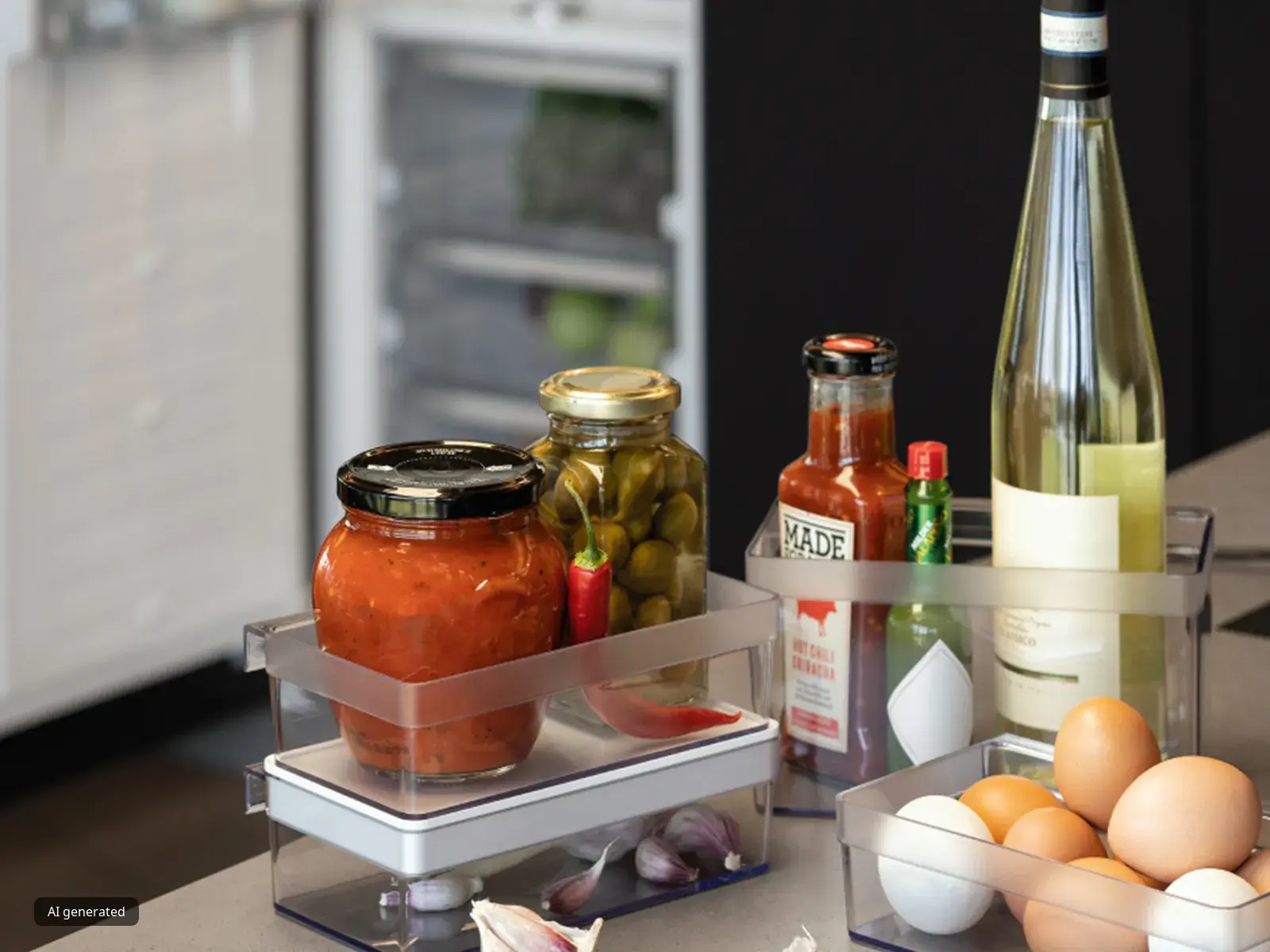 Frische Zutaten im Kühlschrank: Gläser, Flaschen, Eier und andere Lebensmittel übersichtlich auf den Ablagen arrangiert.