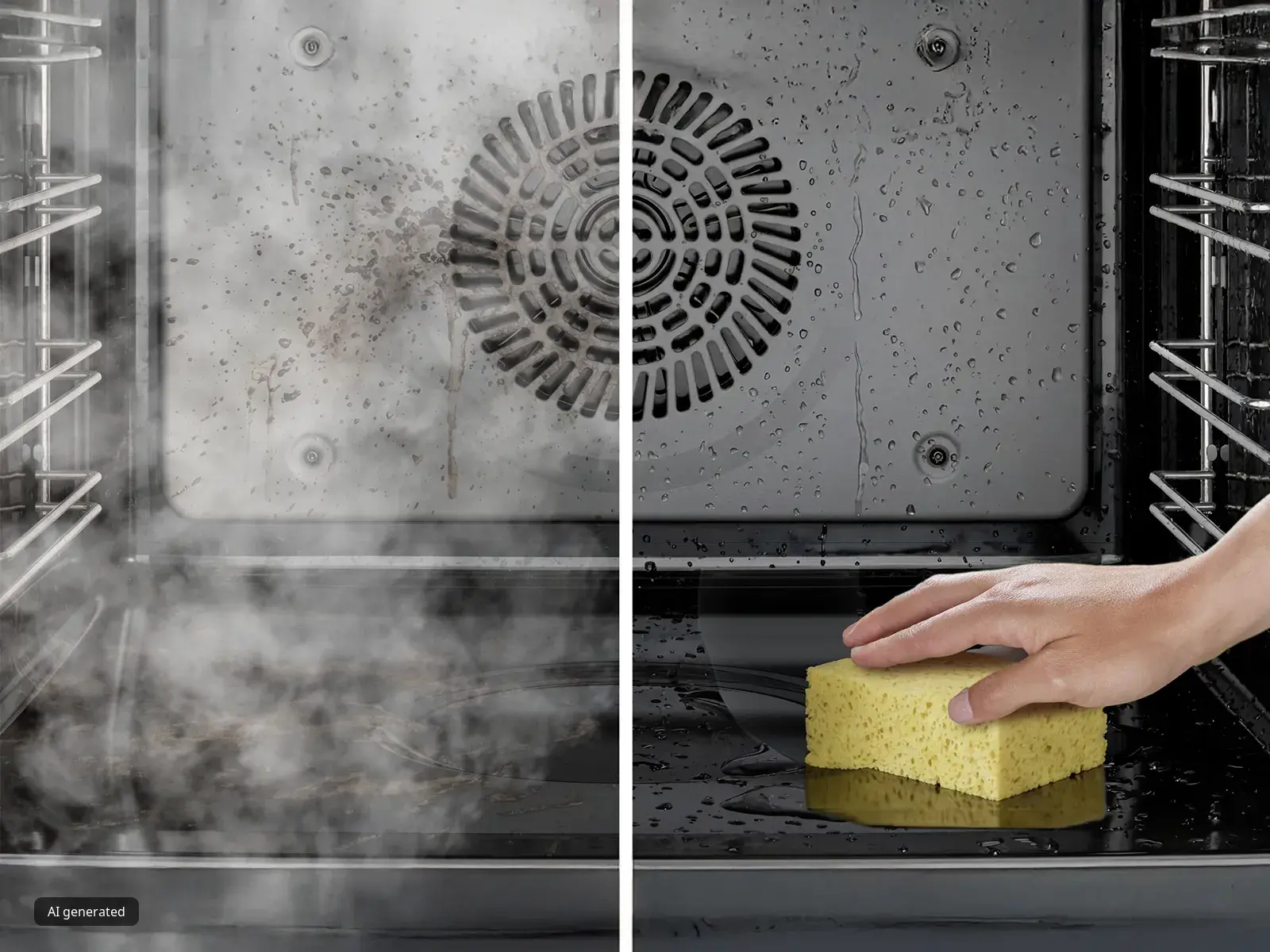 Split image showing a dirty, steaming oven interior on the left and a clean oven being wiped with a yellow sponge on the right.
