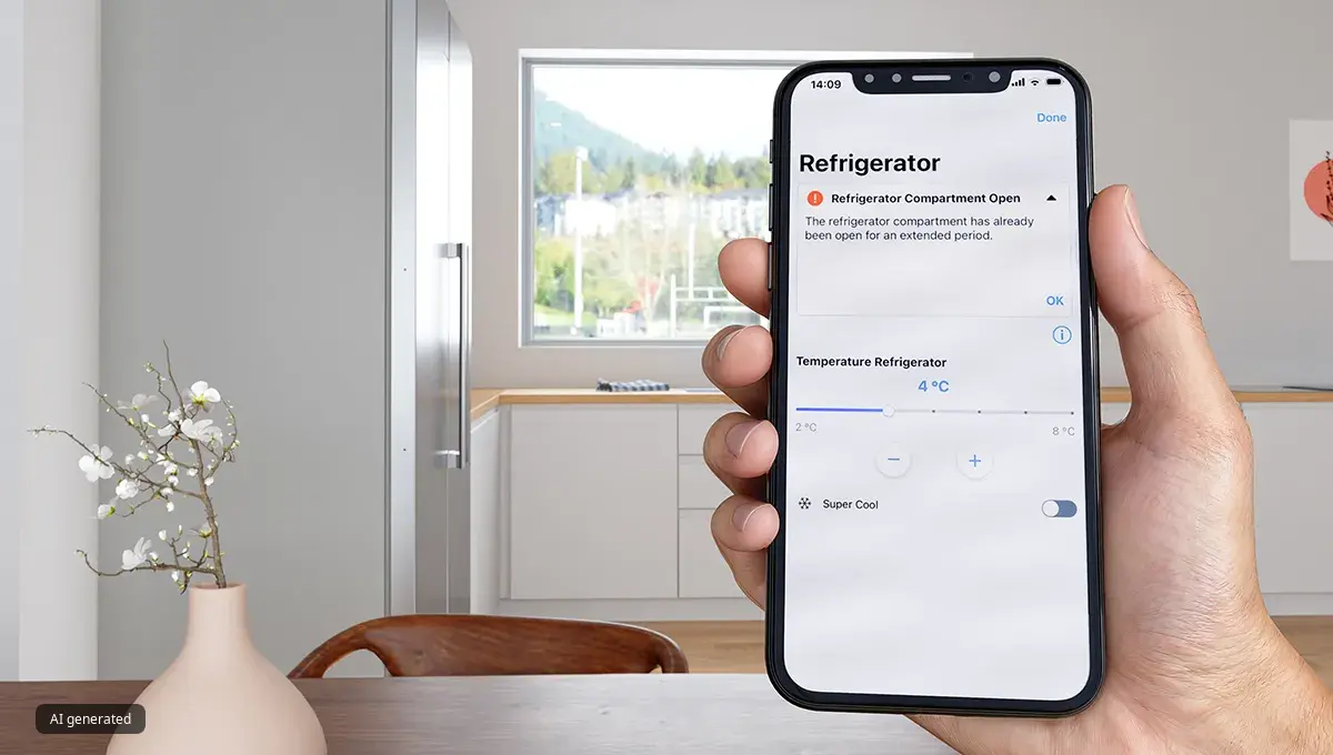 Ръка, държаща смартфон, показващ екрана на приложението Home Connect, докато на заден план се вижда модерна кухня с хладилник от неръждаема стомана.