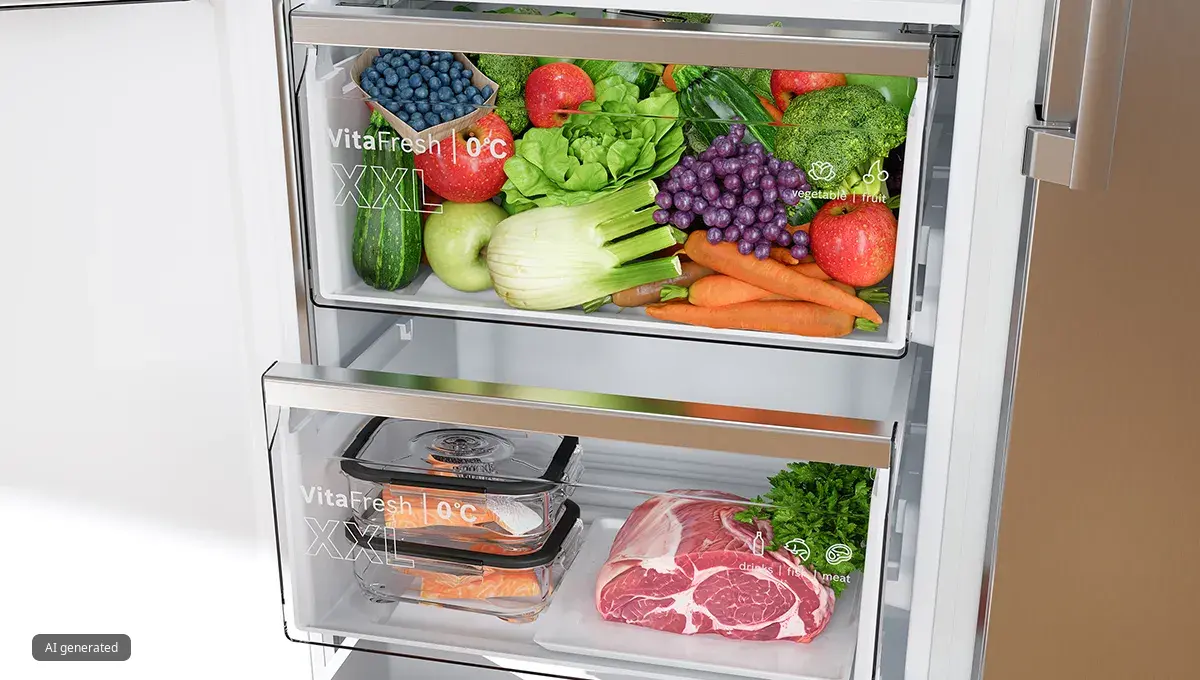 Чекмеджето VitaFresh 0°C XXL е пълно с добре организирани пресни продукти, докато чекмеджето отдолу съдържа охладена сьомга, месо и билки.