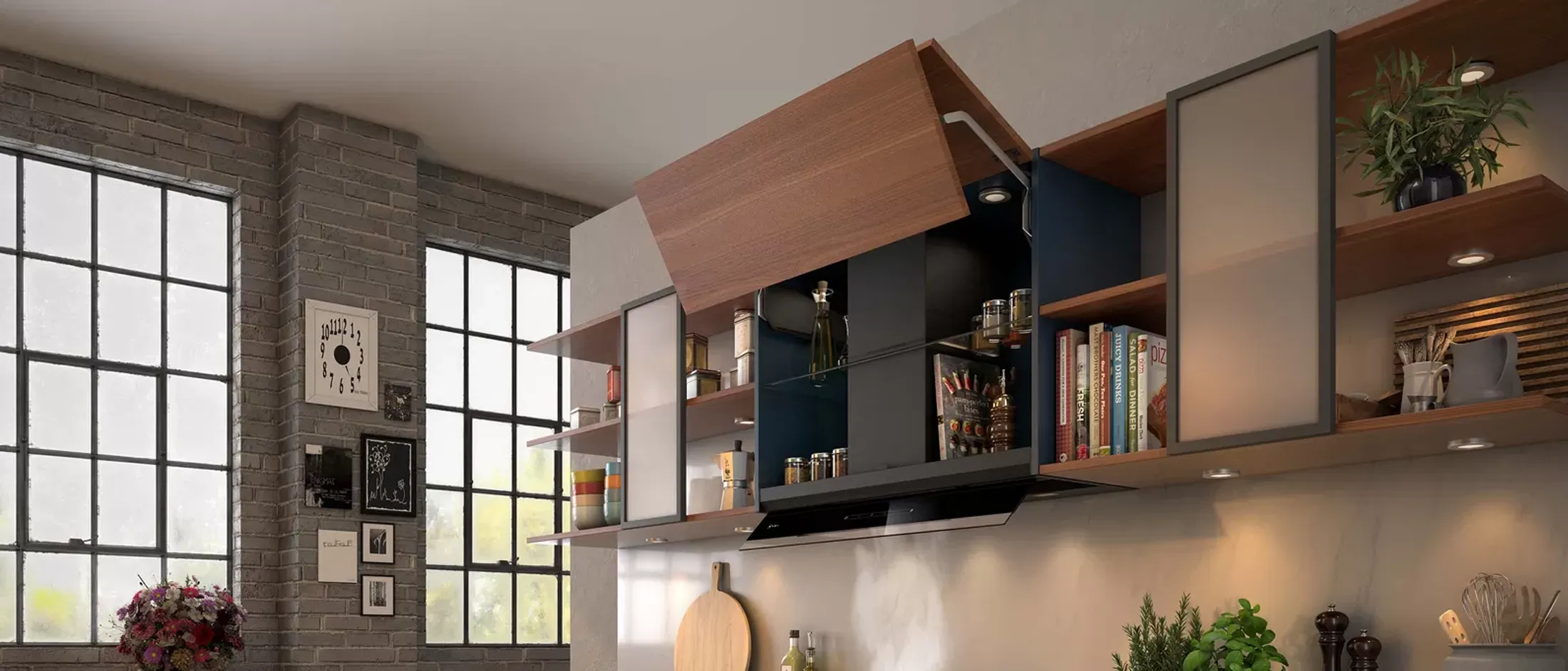 Cuisine moderne avec armoires en bois, étagères et grandes fenêtres offrant une lumière naturelle.