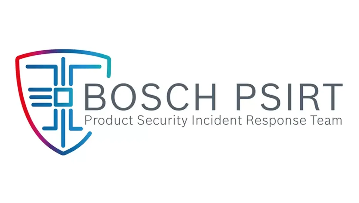 Logo pour Bosch PSIRT, une équipe d'intervention en cas d'incident de sécurité de produits, avec un emblème en forme de bouclier avec des éléments de conception rouge, blanc et bleu.