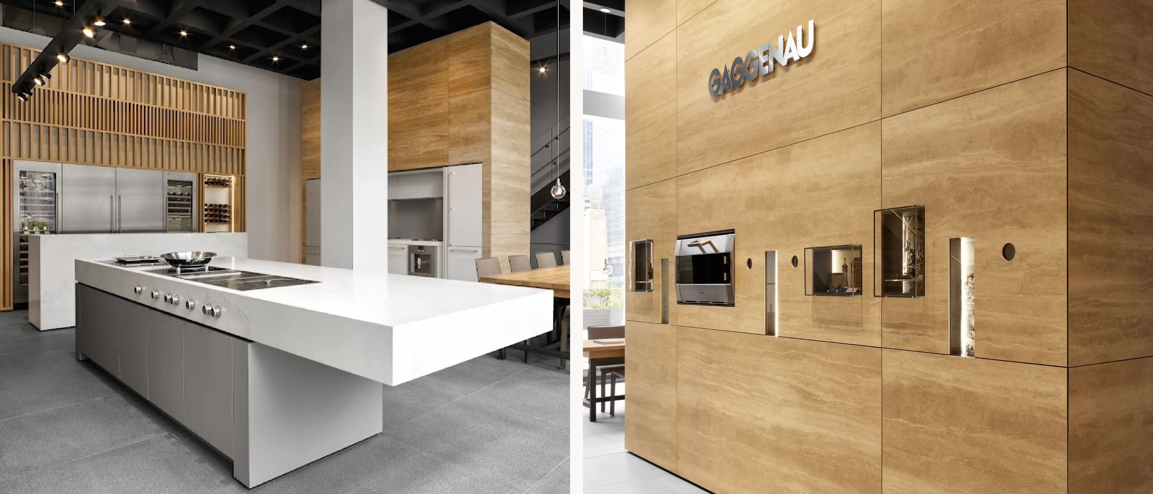 Collage showing Gaggenau appliances in the new Chigago Flagship showroom