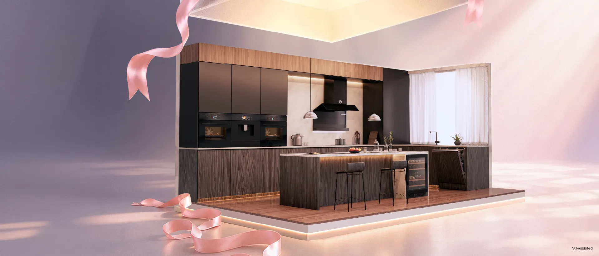 Modern kitchen countertop with stainless cookware on stovetop, blue tile backsplash, wood boards, potted plant, cleaners and an egg basket plus badge.