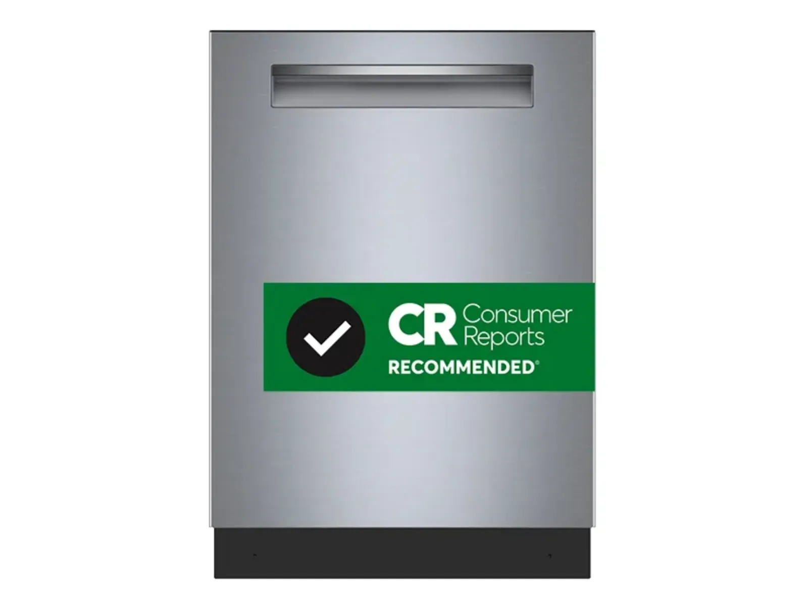 Front view of a modern stainless steel dishwasher with a sleek handle and minimalistic design on a white background.
