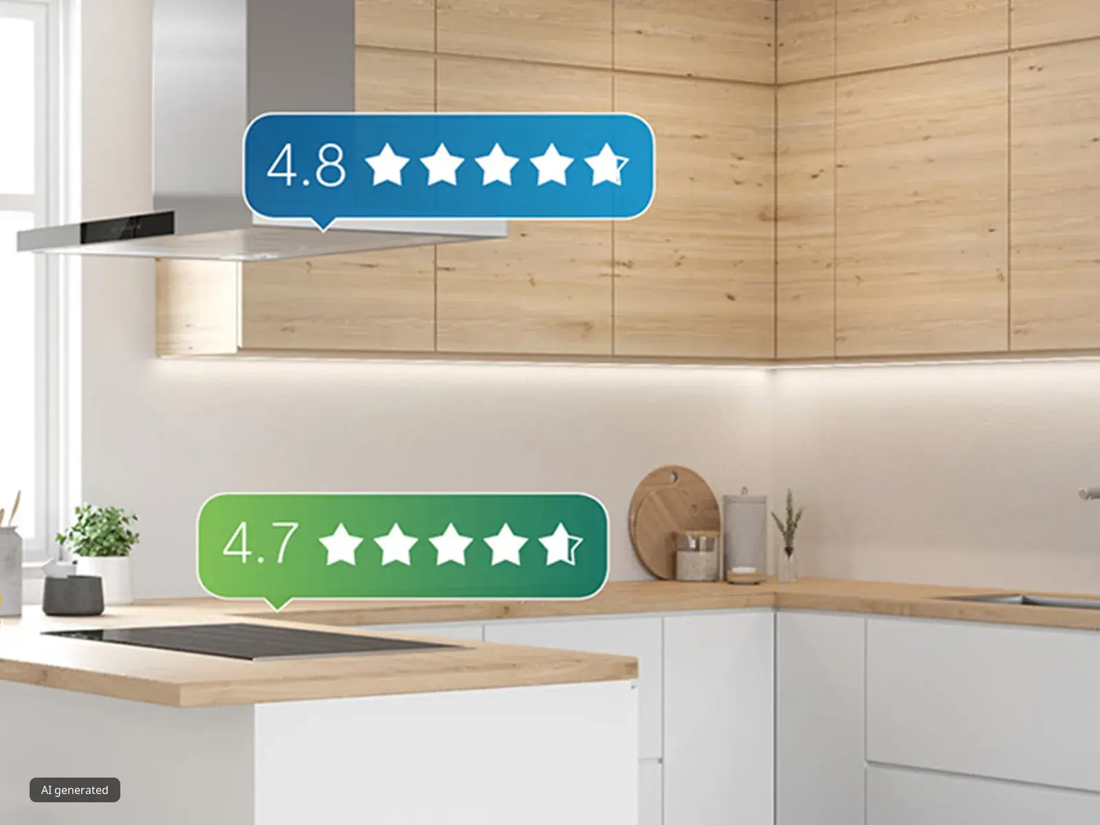 Bosch Küche mit Rezension Sterne Bewertungen in bunten Sprechblasen neben einem Kochfeld und einer Dunstabzugshaube