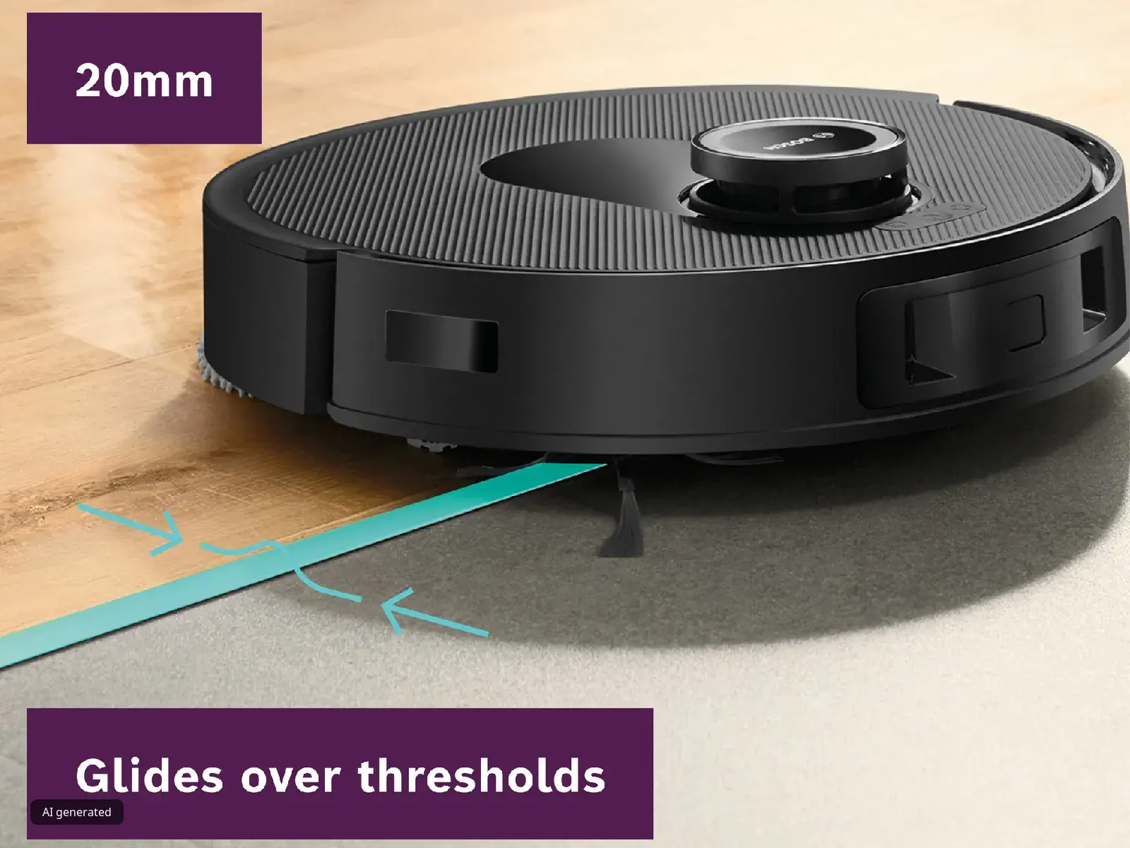 A Bosch robot vacuum effortlessly moving from a hard floor to a rug, demonstrating its ability to glide over 20mm thresholds.