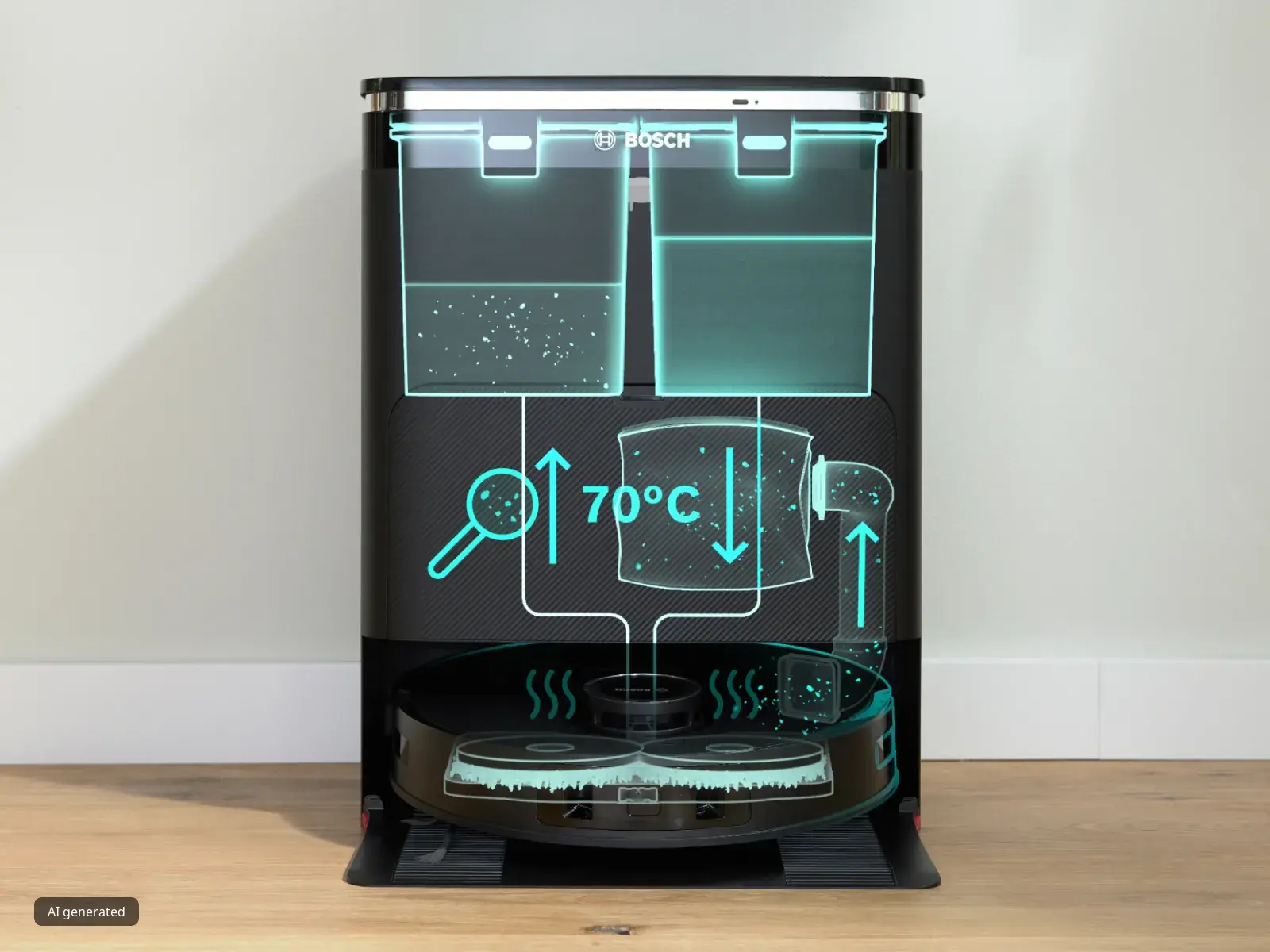 An illustration showing the docking station's self-cleaning mechanism, which uses 70-degree heating to kill germs and dry the robot's mopping pads.