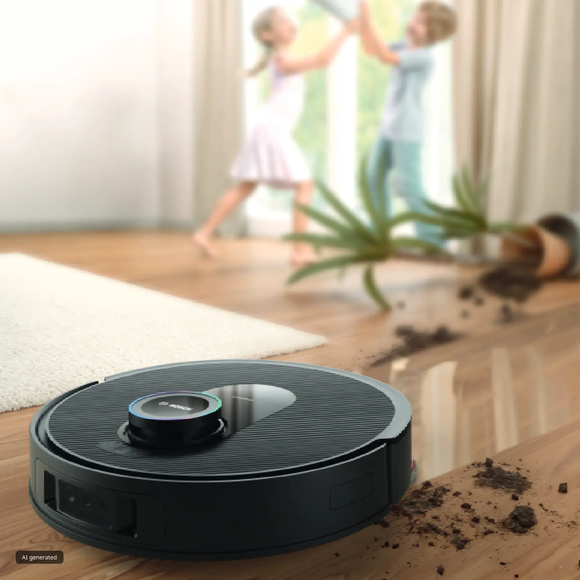 A black Bosch robot vacuum sits on a wooden floor near an overturned potted plant, while two children play in the background.