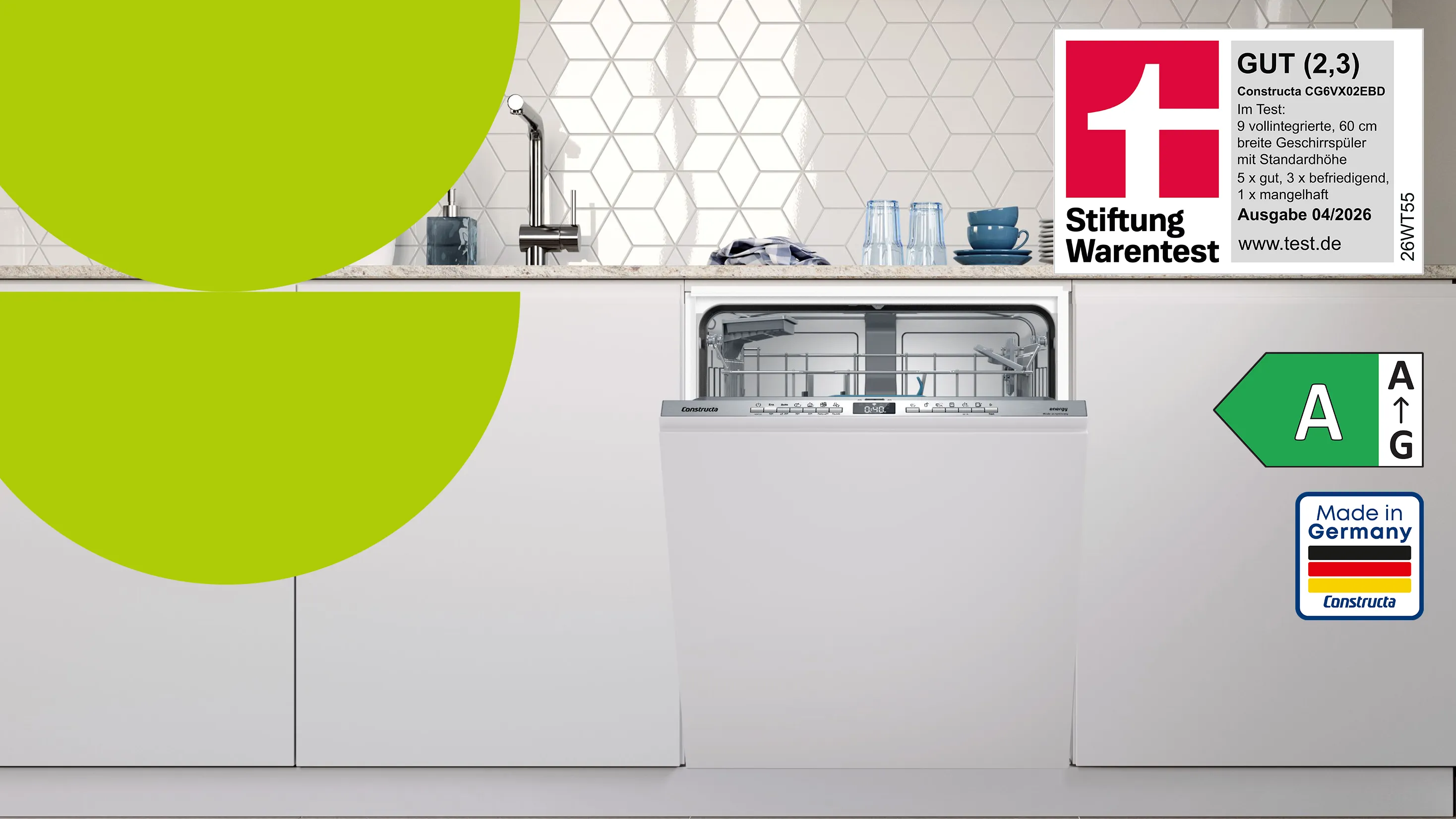 Constructa Geschirrspüler CG6VX02EBD mit geöffneter Tür, ausgezeichnet mit Stiftung Warentest GUT (2,3) und Energielabel A