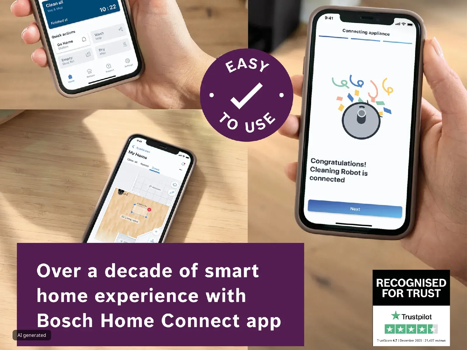 A collage showcasing the easy-to-use interface of the Bosch Home Connect app on a smartphone, used for controlling the robot vacuum.