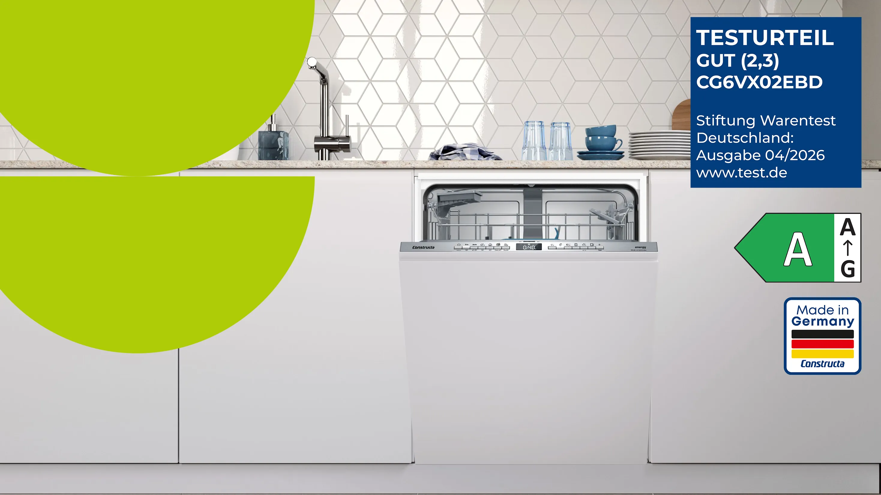 Constructa Geschirrspüler CG6VX02EBD mit geöffneter Tür, ausgezeichnet mit Stiftung Warentest GUT (2,3) und Energielabel A