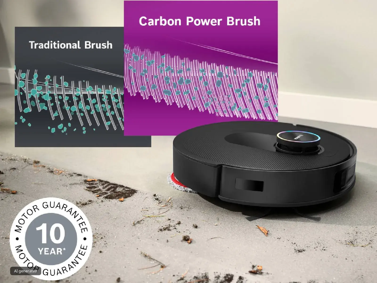 Spotless cleans mud from white tiles, with a 10 year motor guarantee badge in the top left corner.