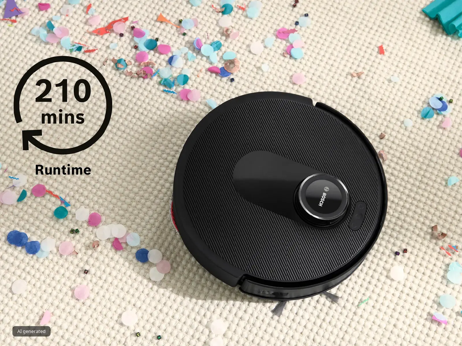 A Bosch robot vacuum on a carpet littered with party confetti, highlighting its "210 mins Runtime" for extended cleaning.