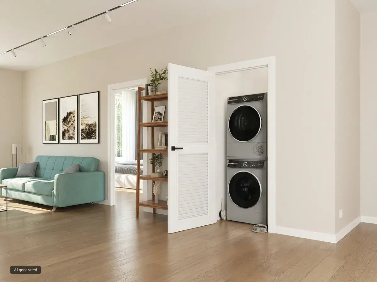 Bosch 800 Series Laundry System in closet with teal couch