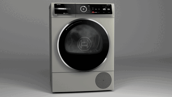Bosch drying machine with laundry inside tumble drying showing steam inside
