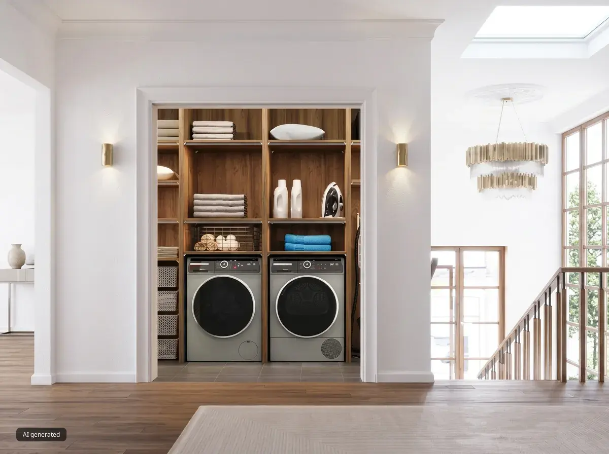 Bosch washer and dryer upstairs inside closet next to stairs