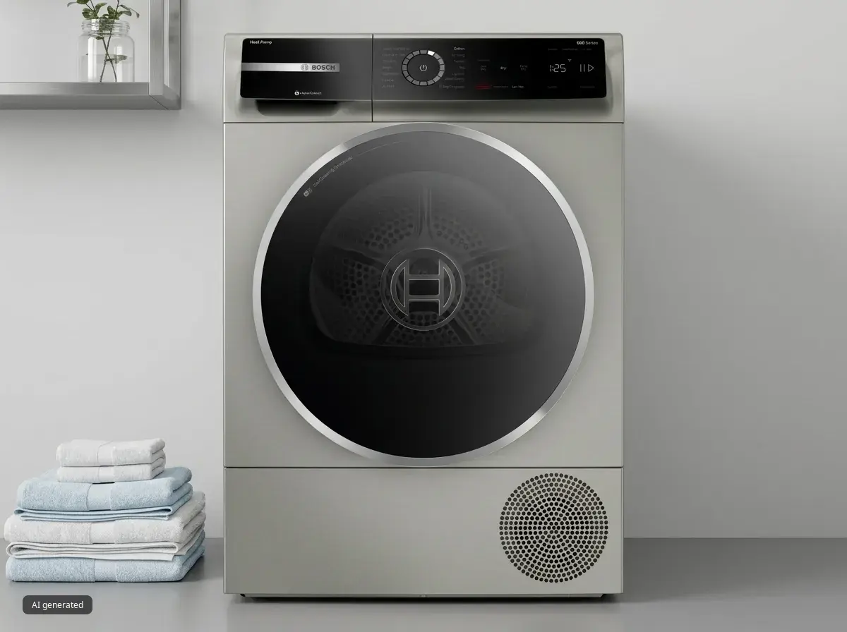 800 series dryer with a stack of towels sitting on the left of it