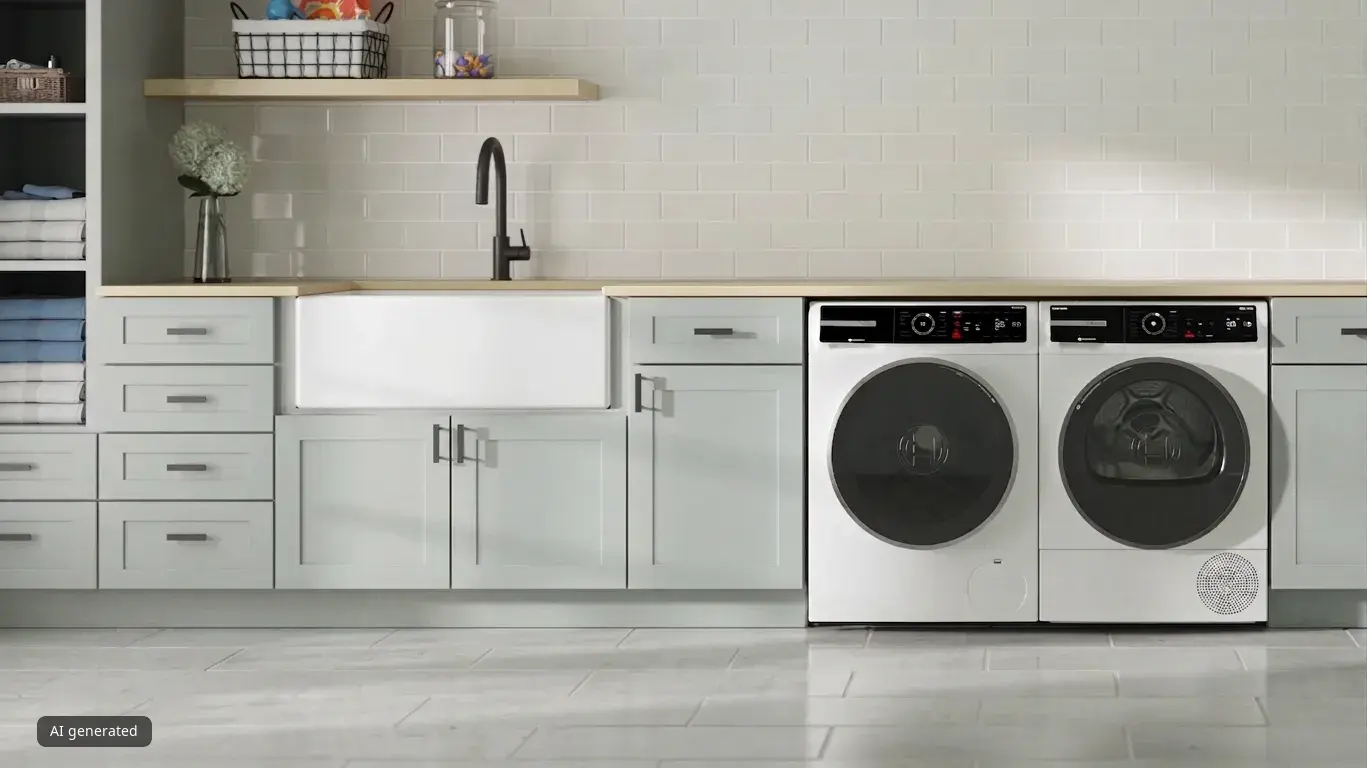 white washer and dryer under counter top next to a white sink