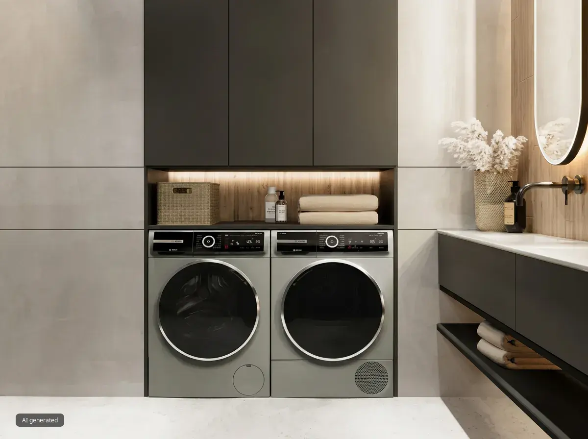 washer and dryer under black cabinets with marble walls