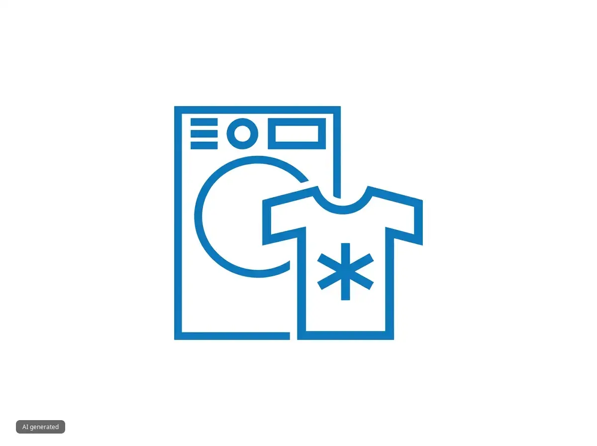 blue outline picture of washing machine and shirt with asterisk in the middle