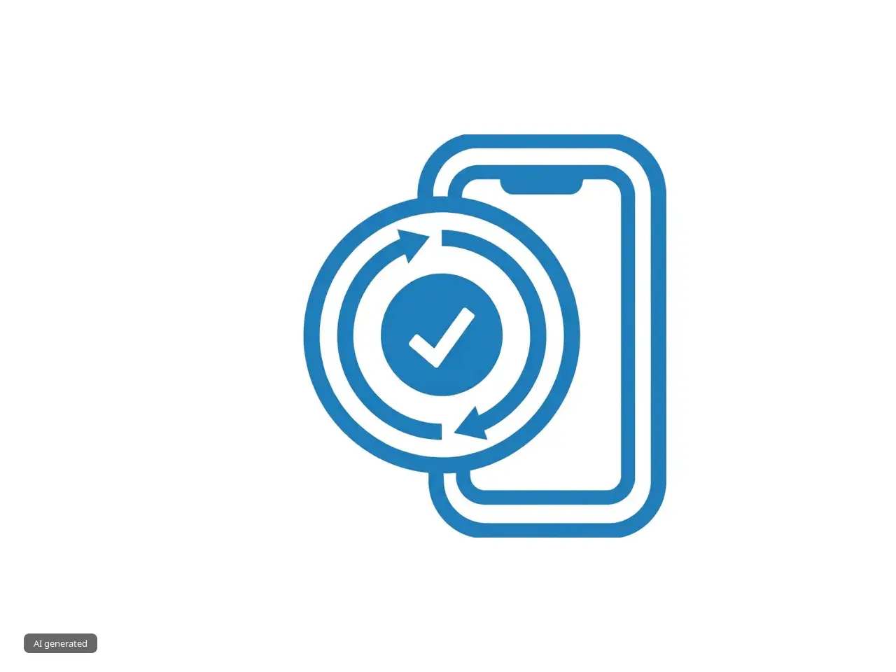 blue outline of a cell phone with a refresh symbol around a checkmark