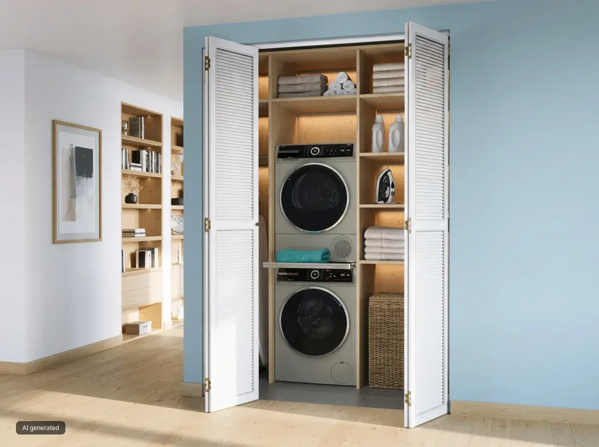 washer and dryer stacked inside white folding closet