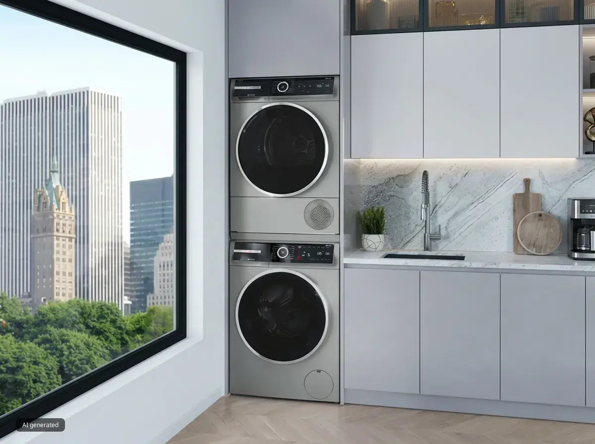 washer and dryer stacked with city view