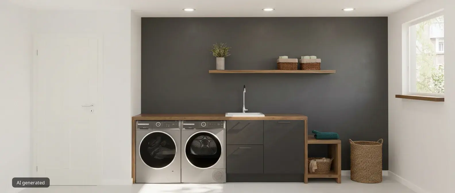 washer and dryer under dark brown counter with sink