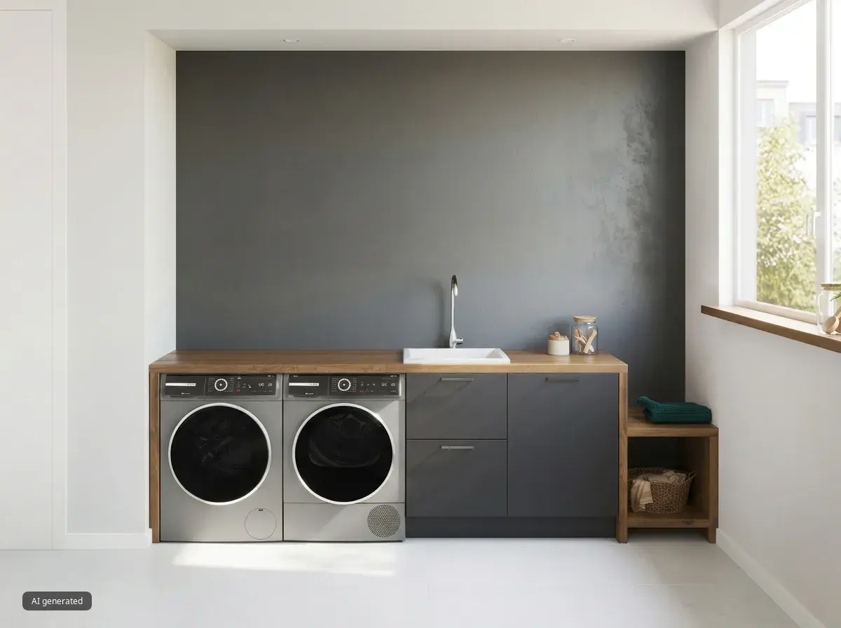 washer and dryer under dark brown counter with sink