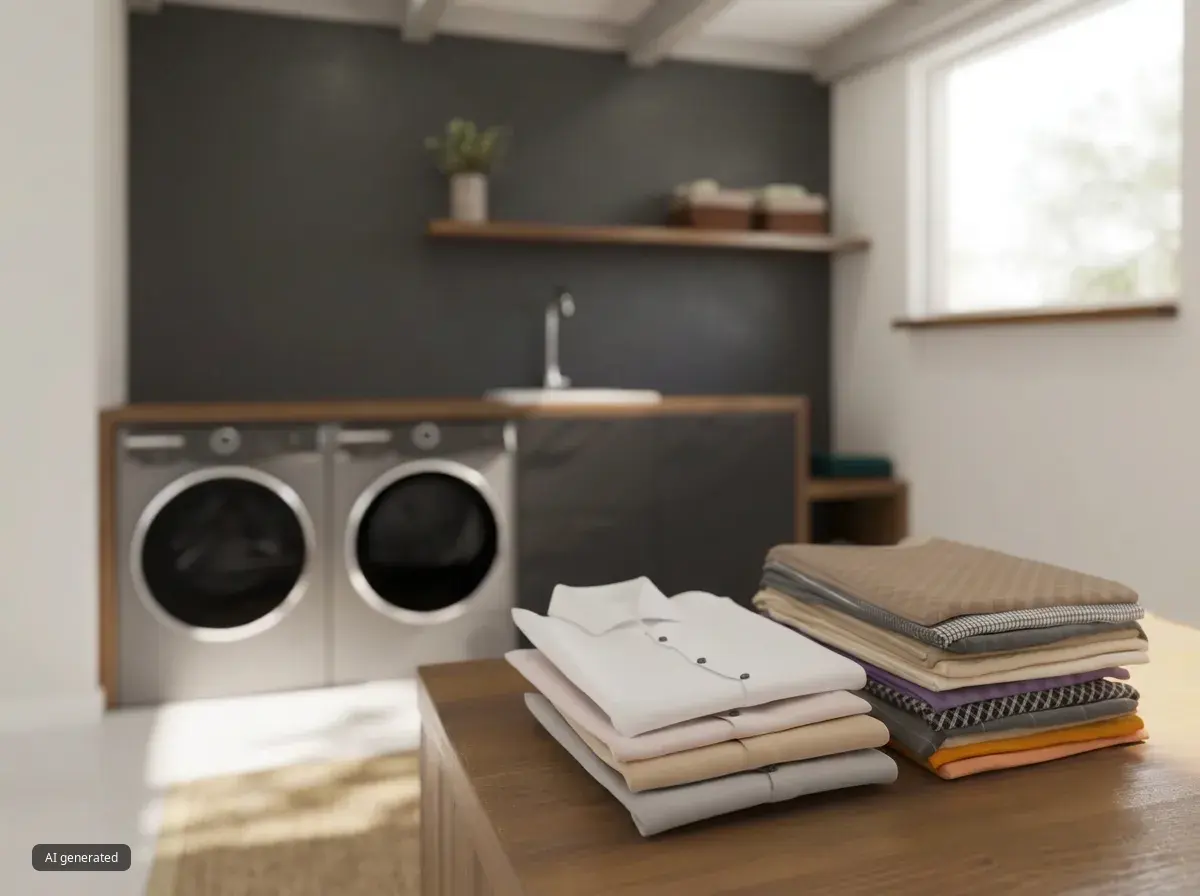 2 stacks of folded clothes with washer and dryer in the background blurry